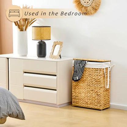 Slim Laundry Hamper with Lid, Handwoven Natural Water Hyacinth Basket - color: Natural, size: 65L