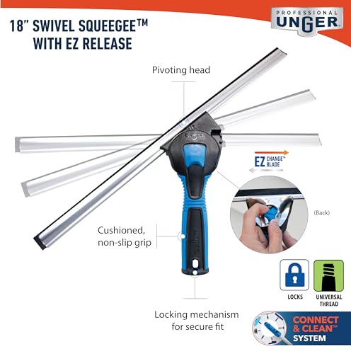 Unger Professional Connect & Clean 18" Window Scrubber Washer for Glass Cleaning and 18” Window and Glass Cleaning Squeegee with EZ Change, Swiveling Head for Corners and Edges