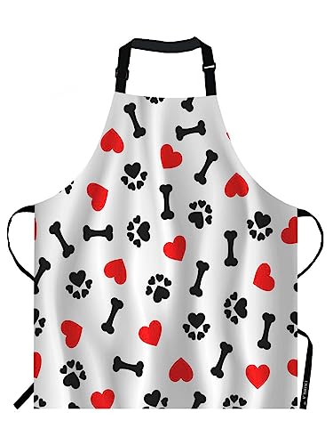 EKOBLA Dogs Paw Print Aprons Animal Bones Cute Lovely Cartoon Adorable Footprint Red Heart Waterproof Resistant Chef Cooking Kitchen BBQ Adjustable Aprons for Women Men 27x31 Inch - color: Multi-a128