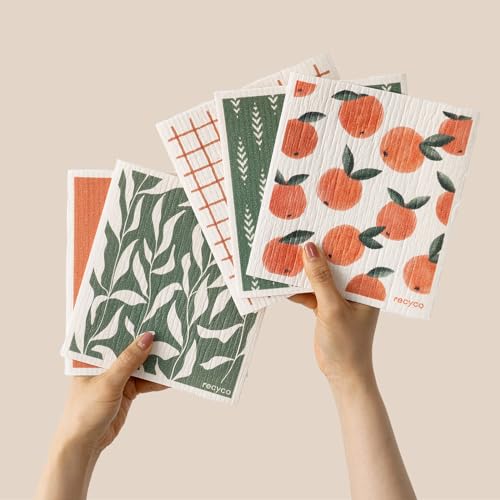 RECYCO Swedish Dishcloths for Kitchen | 5 Pack Peachy Leaves Washable Dish Rags | Cellulose Reusable Cleaning Paper Towels | Absorbent Counter Dish Cloth Sponge Kitchen Wipes, 8" L x 7" W - color: Peachy Leaves- 5 Pack