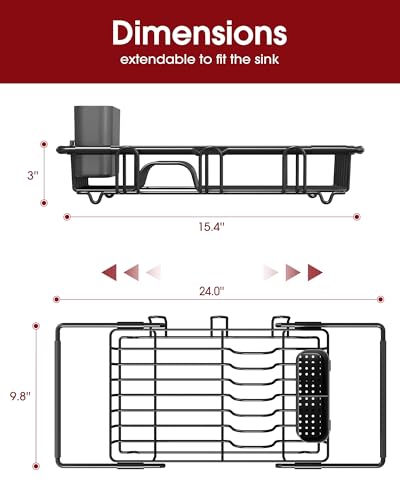 Sakugi Dish Drying Rack in Sink - Expandable Stainless Steel Dish Rack Over the Sink, Kitchen Sink Drain Strainer with Cutlery Holder & Cup Holders, 15.4 x 9.8 x 3.0 Inch, Black - color: Black, size: Standard - 15.4" × 9.8" × 3"