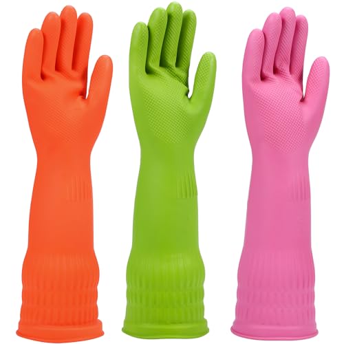 Rubber dishwashing gloves 3 or 6 Pairs for kitchen,Cleaning washing dish gloves long for household reuseable durable. - color: Multicolor, size: Large(Pack of 6)