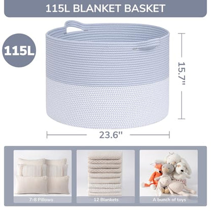 INDRESSME 115L Extra Large Woven Rope Blanket Basket Living Room Blue - color: Blue & White, size: 23.6"D x 15.7"H