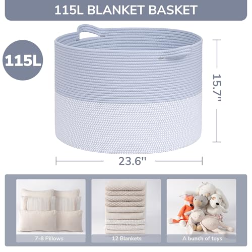 INDRESSME 115L Extra Large Woven Rope Blanket Basket Living Room Blue - color: Blue & White, size: 23.6"D x 15.7"H
