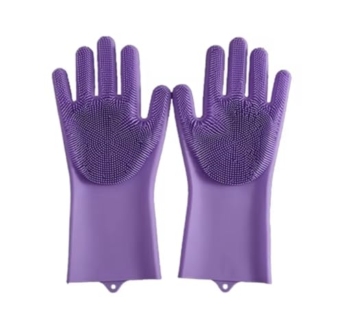 Silicone Dishwashing Scrubber Gloves, Reusable Cleaning Gloves with Built-In Scrubbing Bristles - color: Purple
