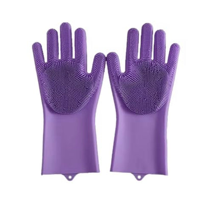 Silicone Dishwashing Scrubber Gloves, Reusable Cleaning Gloves with Built-In Scrubbing Bristles - color: Purple
