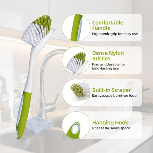 Dish Brush Scrub Brush with Handle - 3 Pack Stiff Bristles Dish Scrubber for Cleaning Dishes, Pots, Pans, Sink, Cast Iron - Hard Bristles,No Residue (Yellow-Green, Gray, Light Blue) - color: Yellow-green, Gray, Light Blue