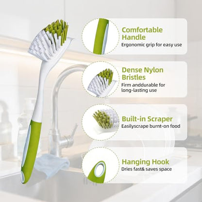 Dish Brush Scrub Brush with Handle - 3 Pack Stiff Bristles Dish Scrubber for Cleaning Dishes, Pots, Pans, Sink, Cast Iron - Hard Bristles,No Residue (Yellow-Green, Gray, Light Blue) - color: Yellow-green, Gray, Light Blue