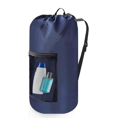 Portable with Adjustable Shoulder Straps Travel Dirty Laundry Bag,with Drawstring Closure & Mesh Pocket Backpack Laundry Bag for College,Apartment,Camping(Dark Blue) - color: Dark Blue, size: 1Pack