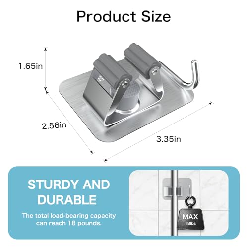 nacena 4 Pack No Drill Self Adhesive Broom Mop Holder Wall Mount with Hooks, Heavy Duty Stainless Steel Organizer for Kitchen Bathroom Garage Storage,Silver - color: Brushed Nickel, size: 4 Packs