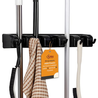ABS Plastic Broom Holder Wall Mount, 5 Slots & 6 Hooks - size: 5 Slots & 6 Hooks