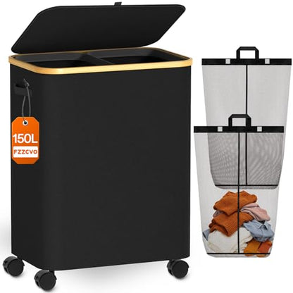 Double Laundry Basket with Wheels and Lid, 150L Clothes Hampers for Laundry - color: Black, size: 150L