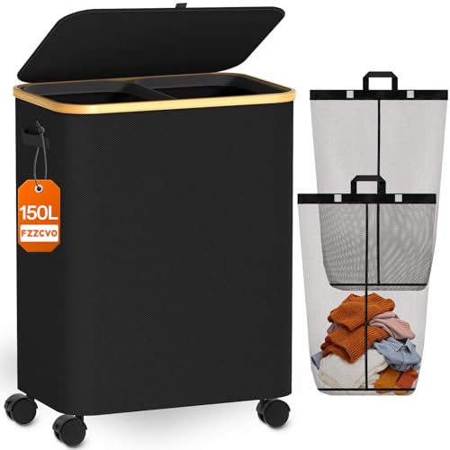 Double Laundry Basket with Wheels and Lid, 150L Clothes Hampers for Laundry - color: Black, size: 150L