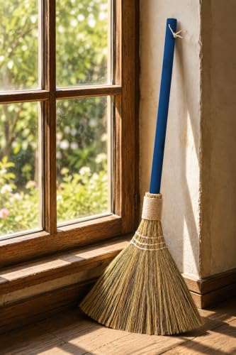 Vietnam Handmade Straw Broom with Indigo Wooden Handle - Soft Natural Grass Whisk Broom for Home, Kitchen, Bedroom & Garage, 12.2" Wide x 27.95" Long - style: Indigo