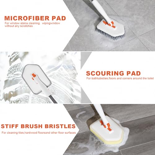 Tile Tub Scrubber Brush with 52-inch Adjustable Long Handle 3-in-1 Rotatable Shower Brush for Cleaning，3 Different Replacement Brush Heads for Cleaning Tub Tile Bathroom Kitchen Walls ，Orange