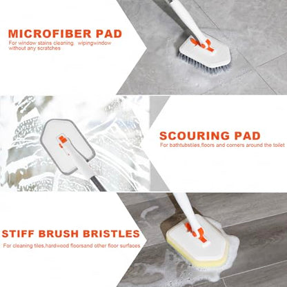 Tile Tub Scrubber Brush with 52-inch Adjustable Long Handle 3-in-1 Rotatable Shower Brush for Cleaning，3 Different Replacement Brush Heads for Cleaning Tub Tile Bathroom Kitchen Walls ，Orange