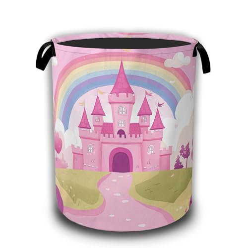 Pink Castle Laundry Basket,Rainbow Princess Laundry Hamper Waterproof Oxford Cloth Tote Collapsible,Clothes Storage Bucket Decorative Toy Organizer For Bathroom Bedroom 16" x 20.8" - color: Pink Castle,Rainbow Princess