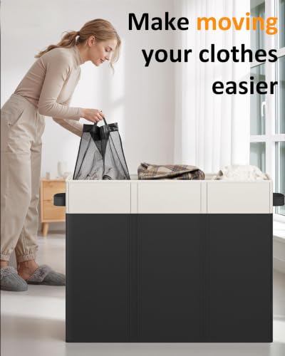 Optish 180L Laundry Hamper 3 Section, Large Hamper with Mesh Bags & Lid - color: White & Black