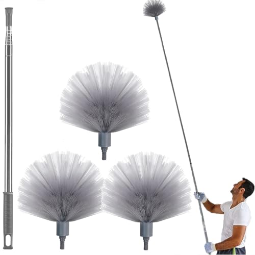 Cobweb Duster with Extension Pole & 3 Clean Head, Medium Stiff Bristles Cobweb Duster Head & 1.8 to 7.2-Feet Scalable Stainless Steel Pole Ceiling Fan Duster for Outdoor Indoor Cleaning