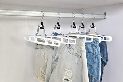 Quality Hangers 10 Pack Premium Skirt Hangers - Thin Space Saving Pant Hangers Set with Clamp, Shorts Hangers with Heavy Duty Locking Clasp, Multipurpose Jean Hangers Set - White