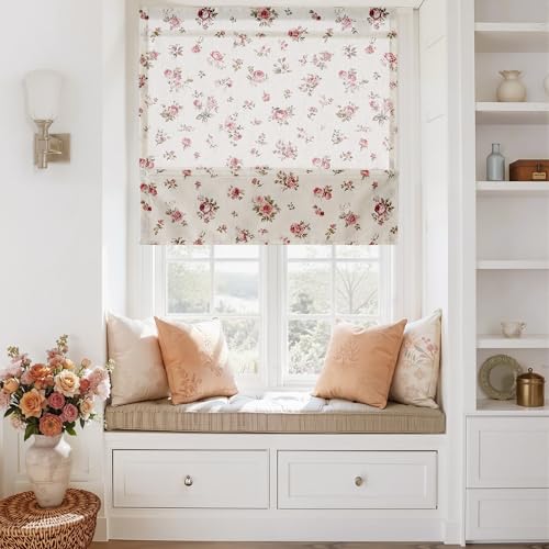 StangH Linen Red Floral Roman Shades with Magnets, W32 x L64, 1 Panel - color: Rose Red, size: 32"W x 64"H