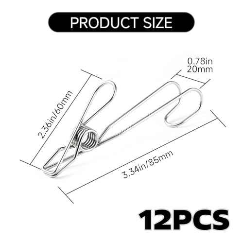 12 Pack Long Tail Clip with Hooks Clothes Pin, Cord Clothes Pins Hanging Peg Clips Utility Clips for Laundry Outdoor Clothesline Kitchen Camping