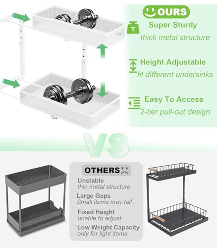 Under Sink Organizer 2 Pack, High Adjustable 2 Tier Under Sink Organizers and Storage, Slide out Metal Cabinet Organizers, Pull out Storage Drawer Shelf for Kitchen Bathroom Cabinet (White) - color: White