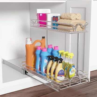 OCG Under Sink Cabinet Organizer Two Tier Pull Out Shelf (11.75W x21D), Under Sink Sliding Shelf for Kitchen Bathroom Cabinet 2 Tier Chrome - size: 11.75"W x 21"D