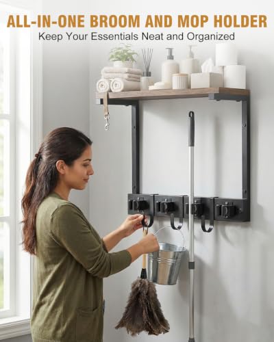 Supforce Small Broom Holder Wall Mount with Shelf, 4 Slots 3 Hooks - color: Black, size: Small