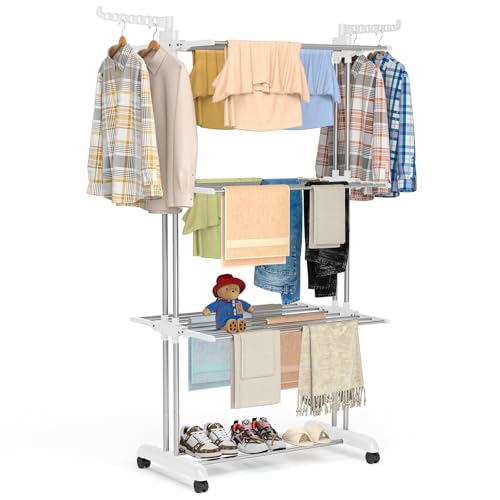 Bigzzia Clothes Drying Rack Folding with Wheels Drying Rack Clothing Clothes Horses Rack Stainless Steel Laundry Drying Rack with Two Side Wings 4 Tier Grey White - color: Grey White