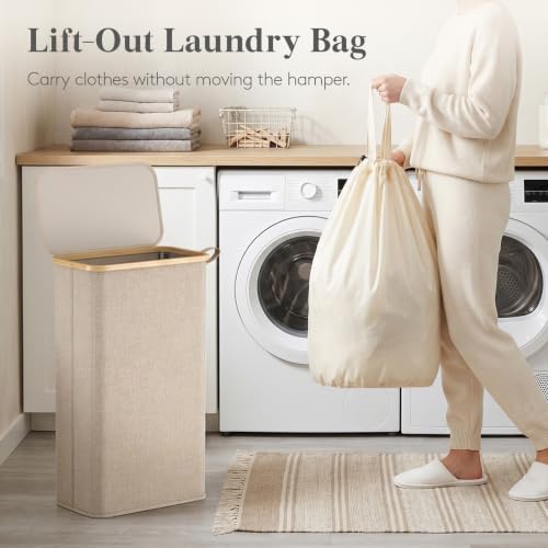 Lifewit 75L Slim Laundry Hamper with Lid and Removable Bag, Beige - color: Beige, size: 75L