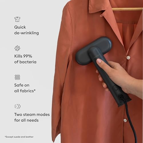 Steamery Travel Steamer Cirrus Lite, 1200W, Steam Output 16g/min, Heat up 18 Seconds, Portable & Packable, Rotating Steam Head, Dry Steam Technology (Black)