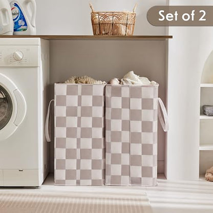 Ohocut Checkered Laundry Hamper, Pack of 2, Large Beige Khaki Collapsible Cloth Hampers Basket for Storage Organization Cute Aesthetic, 2 x 75L - color: Beige