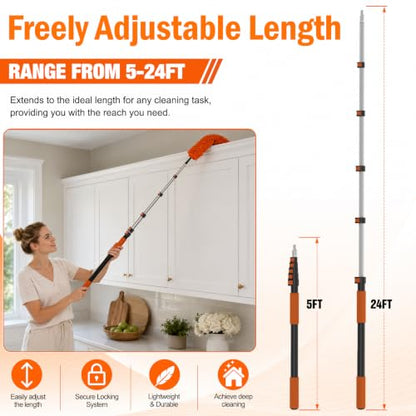 LAANPOLE 30FT High Reach Duster Cleaning Kit with Extension Pole, High Ceiling Fan Cleaner Duster Tool for Fan Blades, Window Washing Kit with Microfiber Feather Duster & Window Squeegee - size: 24FT