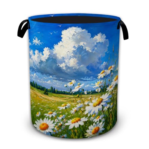 Sunny Daisy Meadow Laundry Basket with Handles, Foldable Tall Oxford Clothes Hamper, Lightweight Water-Resistant Storage Bin for Bedroom Bathroom College Dorm, 16 x 20.8 Inch - color: Sunny Daisy Meadow