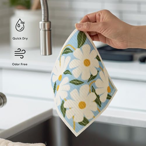 RECYCO Swedish Dishcloths for Kitchen | 5 Pack Daisy Dreams Washable Dish Rags | Cellulose Reusable Cleaning Paper Towels | Absorbent Counter Dish Cloth Sponge Kitchen Wipes, 8" L x 7" W - color: Daisy Dreams - 5 Pack