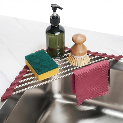 Tomorotec Triangle Roll Up Dish Drying Rack 304 Stainless Steel Wine Red - color: Wine Red