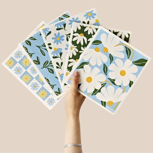 RECYCO Swedish Dishcloths for Kitchen | 5 Pack Daisy Dreams Washable Dish Rags | Cellulose Reusable Cleaning Paper Towels | Absorbent Counter Dish Cloth Sponge Kitchen Wipes, 8" L x 7" W - color: Daisy Dreams - 5 Pack