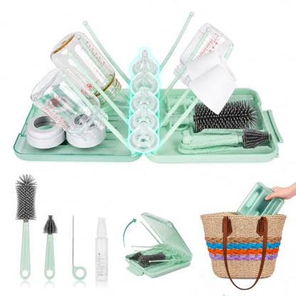Travel Bottle Cleaner Kit, 6-in-1 Baby Bottle Brush Set with Silicone Brush - color: Green