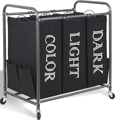 STORAGE MANIAC 3 Section Laundry Sorter, 35.6 Gal (135 L) Laundry Hamper Cart with Heavy Duty Rolling Lockable Wheels and Removable Bags, Clothes Organizer Basket Separator Hamper, Label Black - color: Lable Black, size: 3 Section