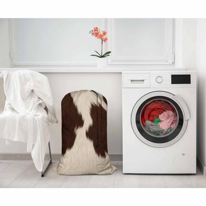 Swono Cowhide Fur Laundry Bag with Drawstring Closure, Foldable, Lightweight, 28"x40" Cow Hair Skin Domestic Animal Dirty Clothes Bag for Home Dorm Road Trip Cruise, Oxford Cloth, Brown White - color: Cowhide Fur