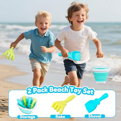 GKDOMS Kids Beach Toys Set with Collapsible Bucket, Sand Rake and Shovel - color: Two Mix