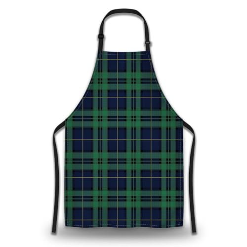 Garden Apron for Women Blue and Green Tartan Kitchen Aprons for Men for Kitchen Cooking Restaurant BBQ Painting Crafting Gardening 27” (W) x 31” (H), Waterproof Apron - color: Blue and Green Tartan