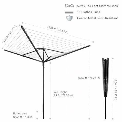 Enayplon 4-Arm Umbrella Clothes Drying Rack, 164 FT Rotary Outdoor Clothesline, Height Adjustable Foldable Laundry Dryer with Ground Spike & Waterproof Protective Cover for Backyard Patio Garden