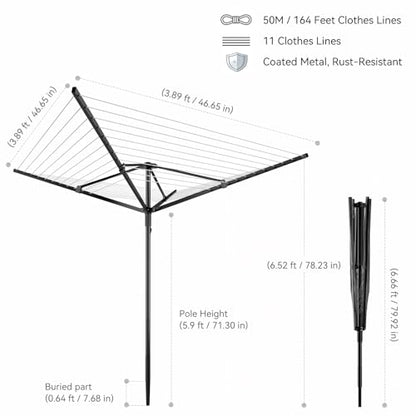 Enayplon 4-Arm Umbrella Clothes Drying Rack, 164 FT Rotary Outdoor Clothesline, Height Adjustable Foldable Laundry Dryer with Ground Spike & Waterproof Protective Cover for Backyard Patio Garden