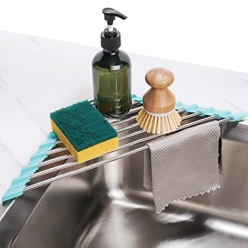 Tomorotec Green Triangle Roll-Up Dish Drying Rack for Sink Corner - Small, Foldable, Stainless Steel, Multipurpose Kitchen Drainer Caddy, Trivet, Rustproof Organizer, Storage Shelf - color: Green