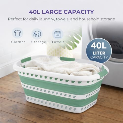 Laundry 360 Collapsible Laundry Basket | Portable | Space Saver Storage | Hold 2 Loads | Store Under the Bed or Closet | Good for Kids | Dorm | Bedroom | Large | White/Sage - size: 1 Pack Sage 40L
