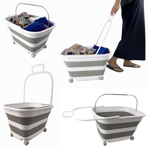 SAMMART 35L (9.24 Gallons) Collapsible Plastic Laundry Basket with Handle and Wheels - Foldable Pop Up Storage Container/Washing Tub - Space Saving (2, White/Grey)