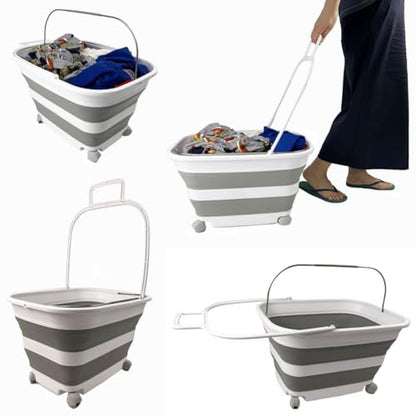 SAMMART 35L (9.24 Gallons) Collapsible Plastic Laundry Basket with Handle and Wheels - Foldable Pop Up Storage Container/Washing Tub - Space Saving (2, White/Grey)