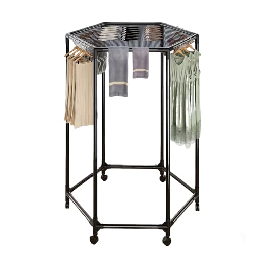 Clothes Rack with Wheels, Clothing Rack with drying mesh, Standing Garment Storage for Indoor, Hanging Rod for Bedroom Laundry Room, Coat Dress Organizer on Wheels (48.4" H)